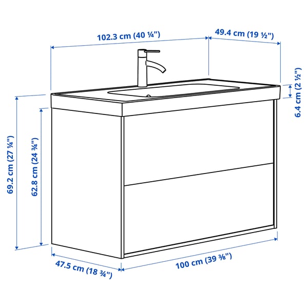 HAVBÄCK / ORRSJÖN wash-stnd w drawers/wash-basin/tap, dark grey, 102x49x69 cm