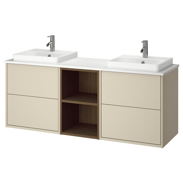 HAVBÄCK / ORRSJÖN wash-stand/wash-basins/taps, beige/brown oak effect/white marble effect, 162x49x71 cm