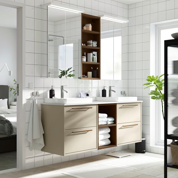 HAVBÄCK / ORRSJÖN wash-stand/wash-basins/taps, beige/brown oak effect/white marble effect, 162x49x71 cm