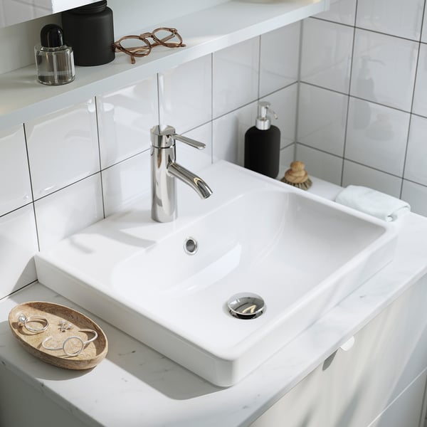 HAVBÄCK / ORRSJÖN wash-stand/wash-basin/tap, beige/white marble effect, 122x49x71 cm