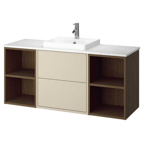 HAVBÄCK / ORRSJÖN wash-stand/wash-basin/tap, beige/brown oak effect/white marble effect, 142x49x71 cm