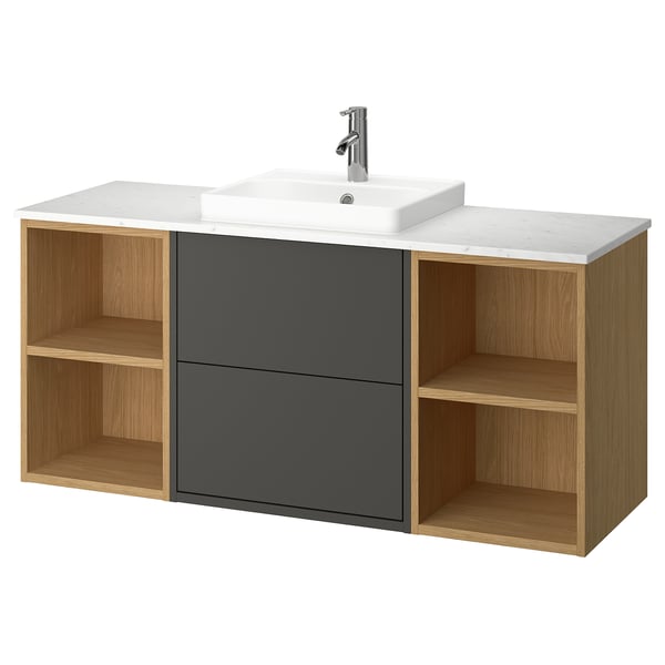 HAVBÄCK / ORRSJÖN wash-stand/wash-basin/tap, dark grey/oak effect/white marble effect, 142x49x71 cm