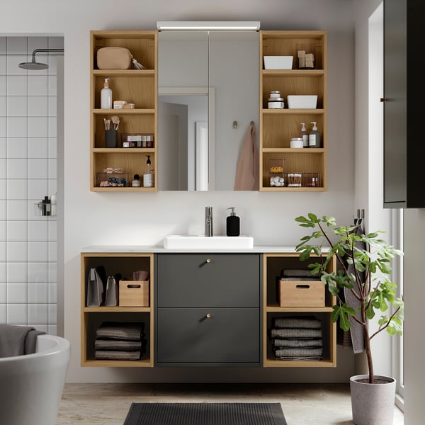 HAVBÄCK / ORRSJÖN wash-stand/wash-basin/tap, dark grey/oak effect/white marble effect, 142x49x71 cm