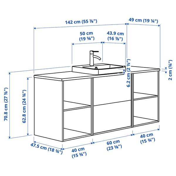 HAVBÄCK / ORRSJÖN wash-stand/wash-basin/tap, dark grey/oak effect/white marble effect, 142x49x71 cm