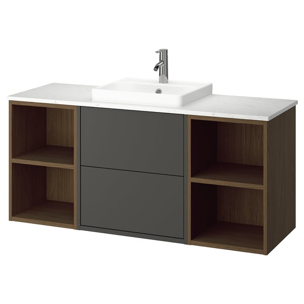 HAVBÄCK / ORRSJÖN wash-stand/wash-basin/tap, dark grey/brown oak effect/white marble effect, 142x49x71 cm