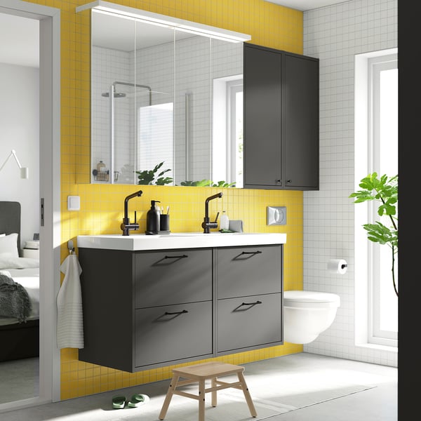 HAVBÄCK wall cabinet with door, dark grey, 40x15x95 cm