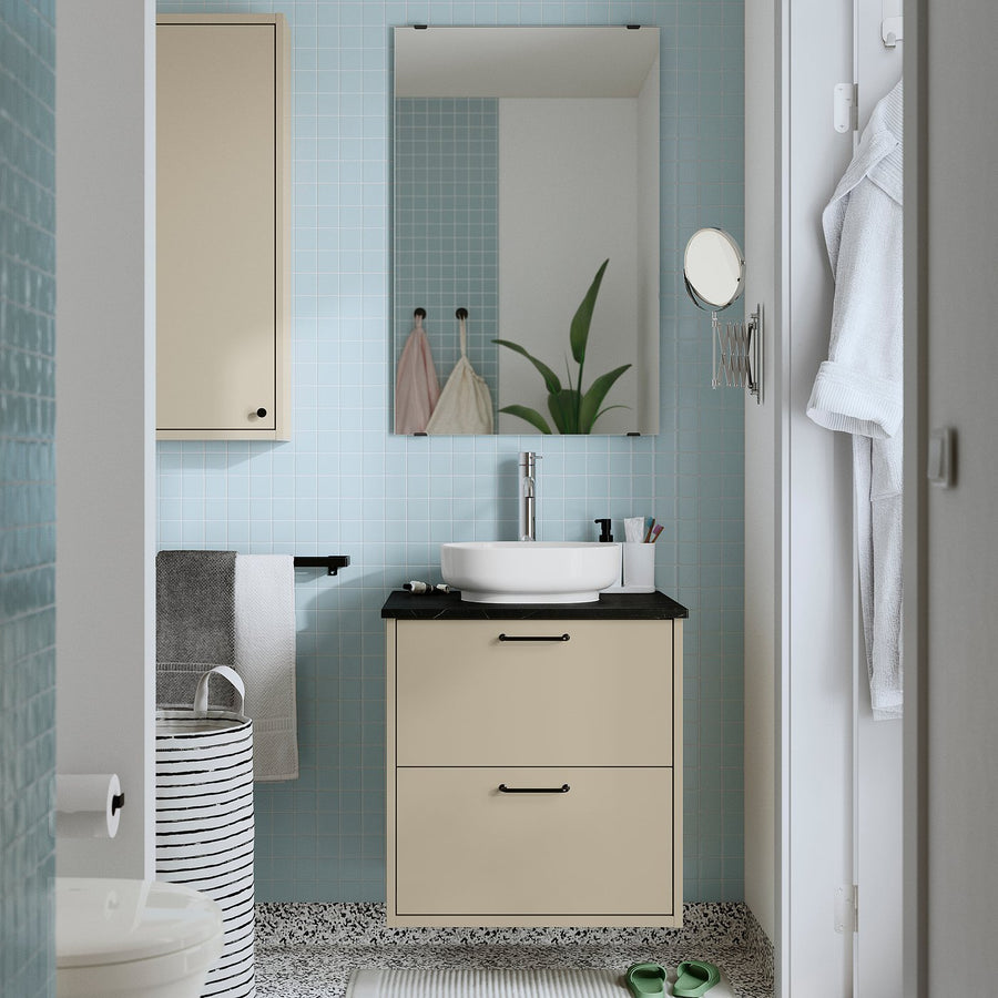 HAVBÄCK / VINDELÄLVEN wash-stnd w drawers/wash-basin, beige/black marble effect, 62x49x77 cm