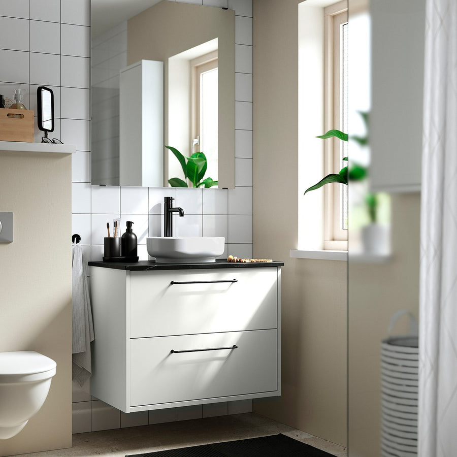 HAVBÄCK / VINDELÄLVEN wash-stnd w drawers/wash-basin, white/black marble effect, 82x49x77 cm