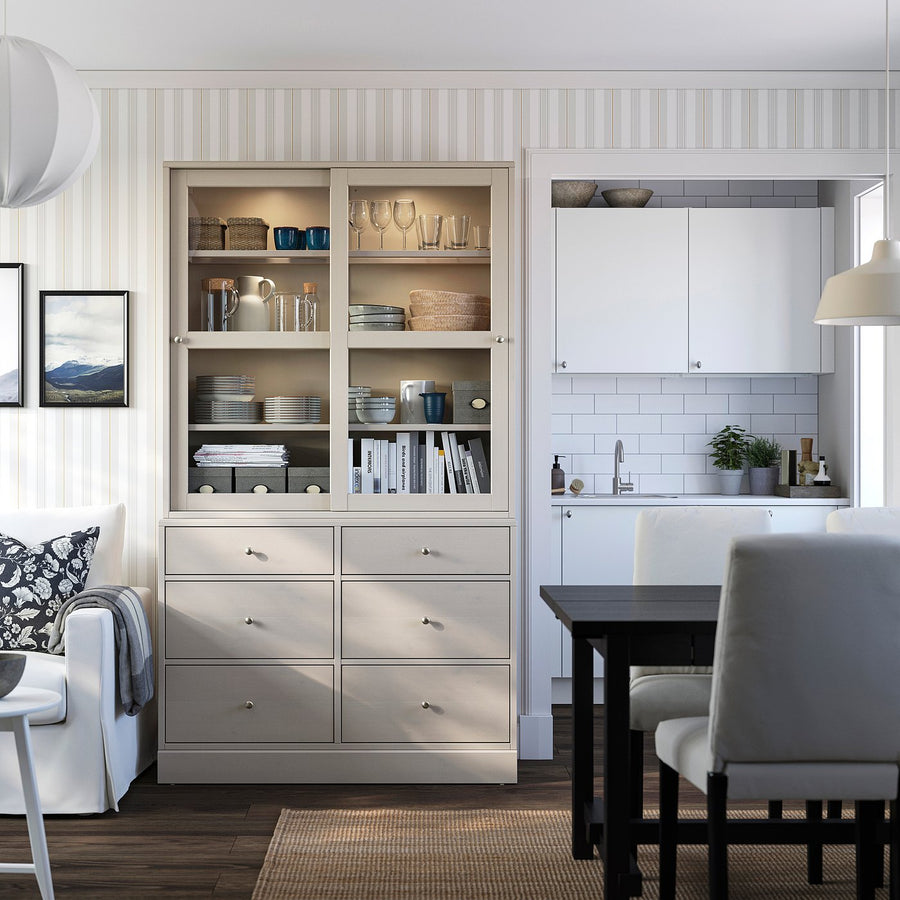 HAVSTA storage combination w glass-doors, grey-beige, 121x47x212 cm