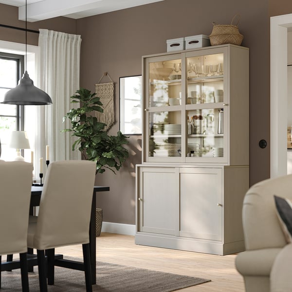 HAVSTA glass-door cabinet, grey-beige, 121x35x123 cm