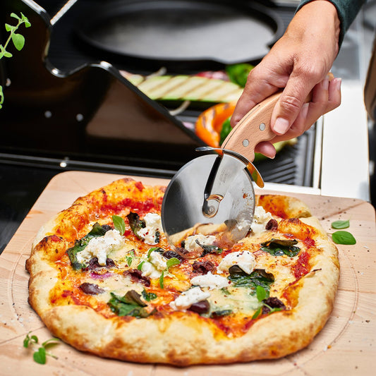 HAVSTULPAN pizza cutter, stainless steel/beech, 22 cm