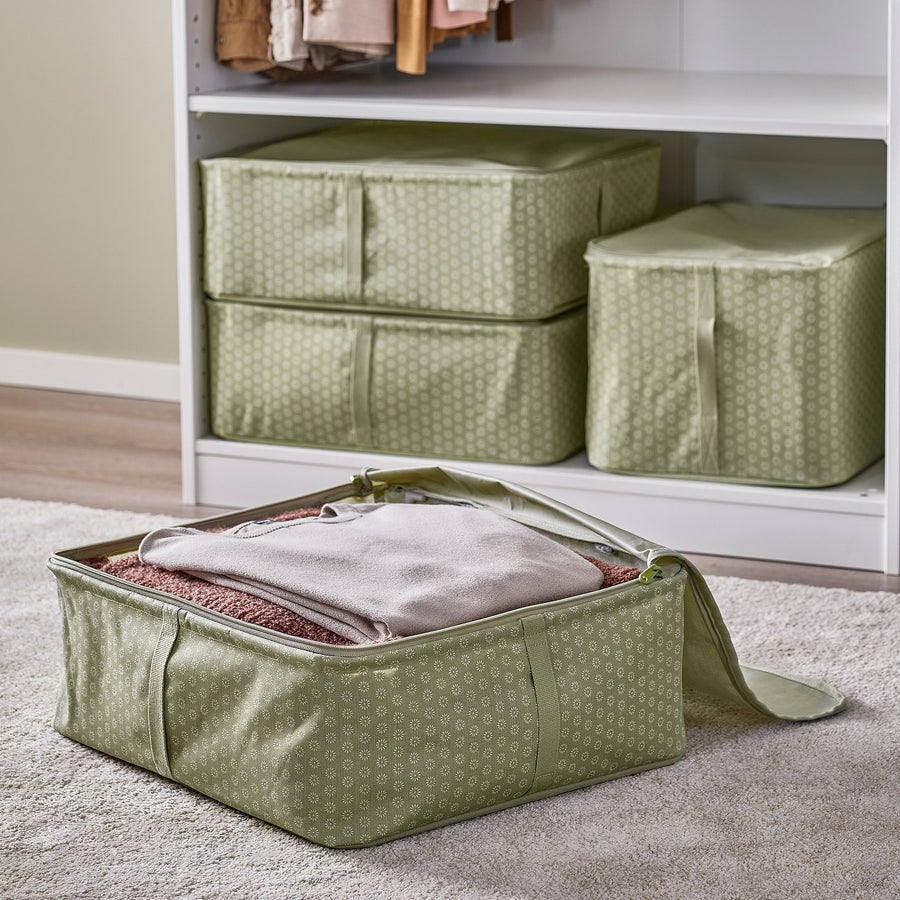 HEMMAFIXARE storage case, flower/pale grey-green, 44x51x19 cm