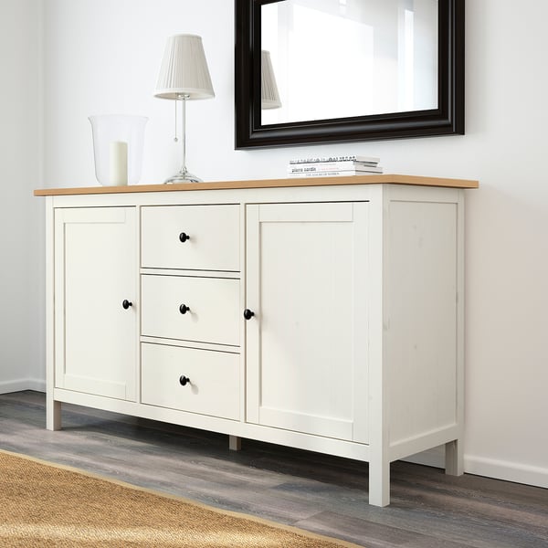 HEMNES sideboard, white stain/light brown, 157x88 cm