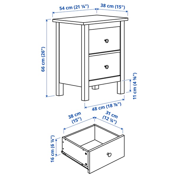 HEMNES chest of 2 drawers, grey stained, 54x66 cm