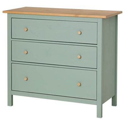 HEMNES chest of 3 drawers, grey-green/light brown stained, 108x96 cm