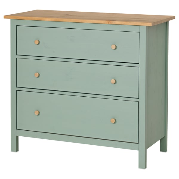 HEMNES chest of 3 drawers, grey-green/light brown stained, 108x96 cm