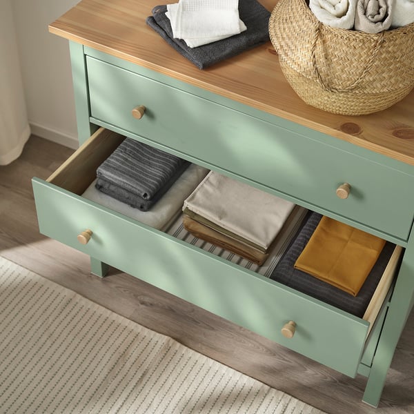 HEMNES chest of 3 drawers, grey-green/light brown stained, 108x96 cm