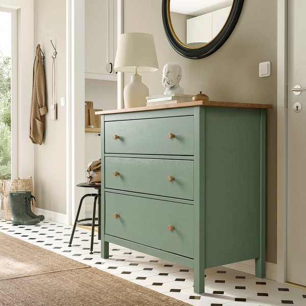 HEMNES chest of 3 drawers, grey-green/light brown stained, 108x96 cm