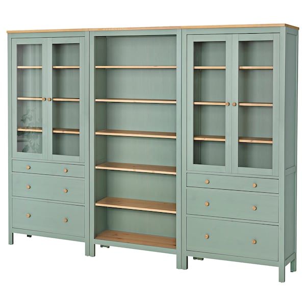 HEMNES storage combination w doors/drawers, grey-green/light brown stained, 270x197 cm