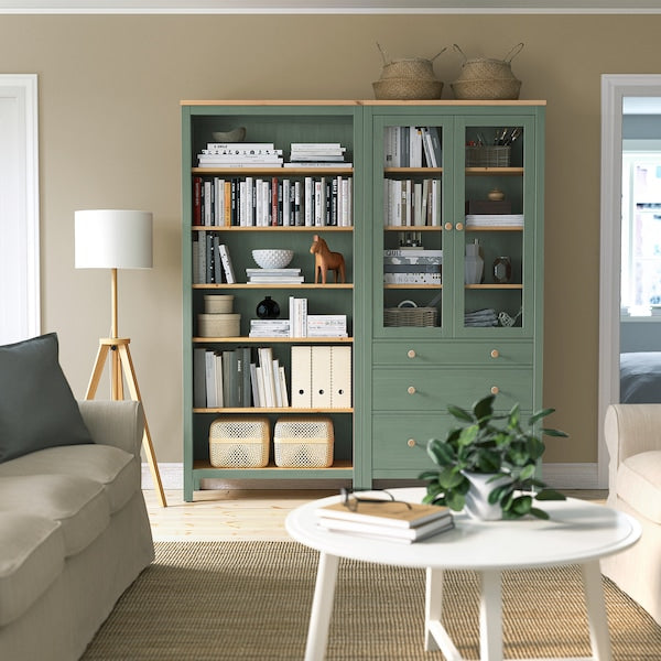 HEMNES storage combination w doors/drawers, grey-green/light brown stained, 180x197 cm