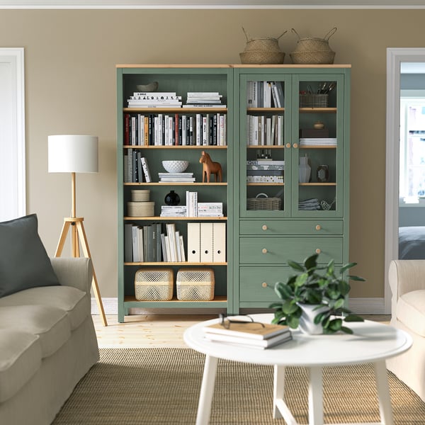 HEMNES storage combination w doors/drawers, grey-green/light brown stained, 180x197 cm
