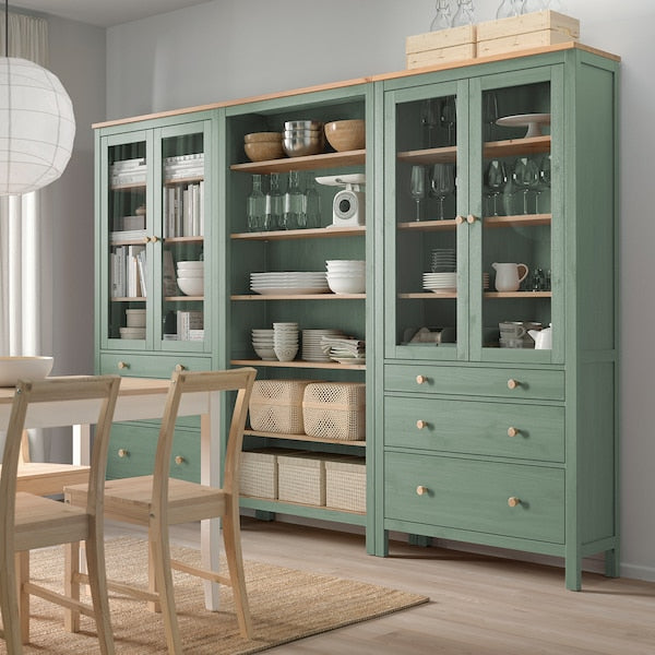 HEMNES storage combination w doors/drawers, grey-green/light brown stained, 270x197 cm