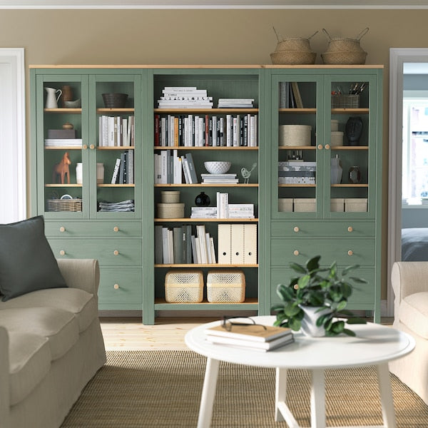 HEMNES storage combination w doors/drawers, grey-green/light brown stained, 270x197 cm