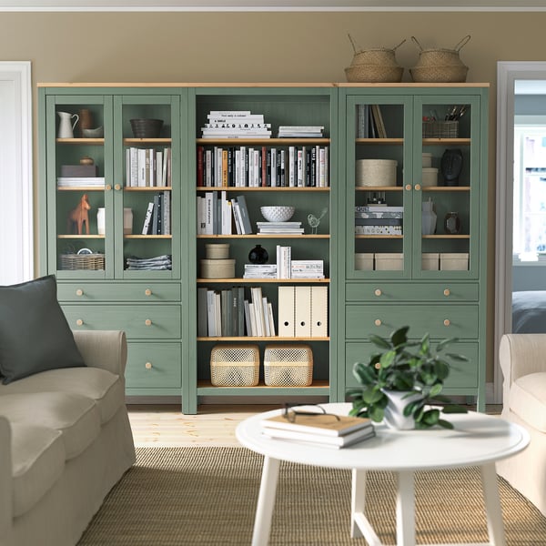 HEMNES storage combination w doors/drawers, grey-green/light brown stained, 270x197 cm