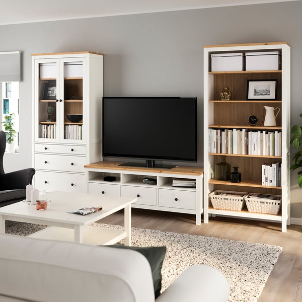 HEMNES TV storage combination, white stain/light brown clear glass, 326x197 cm