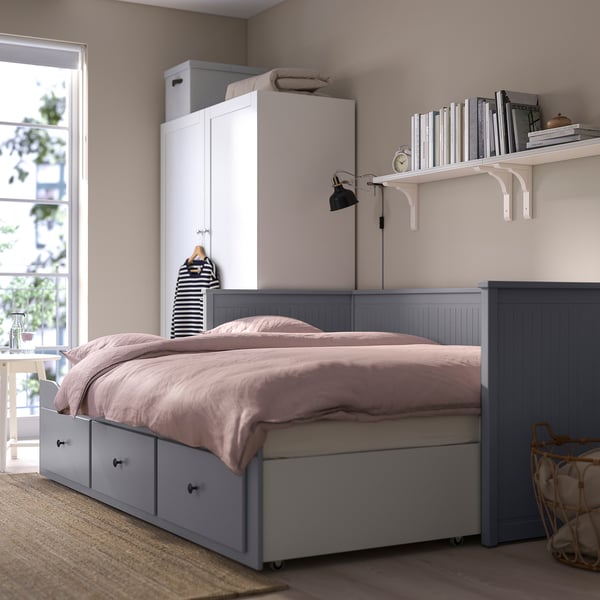 HEMNES day-bed w 3 drawers/2 mattresses, grey/Vannareid extra firm, 80x200 cm