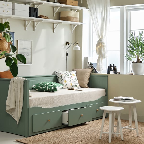 HEMNES day-bed w 3 drawers/2 mattresses, grey-green/Ågotnes firm, 80x200 cm