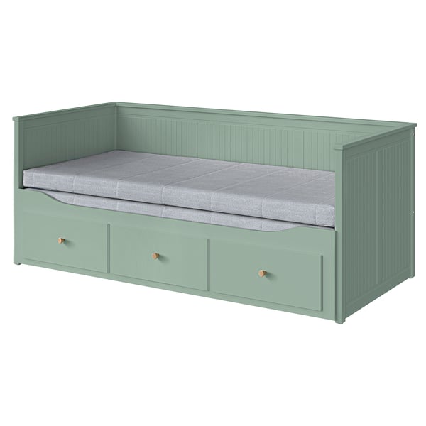 HEMNES day-bed w 3 drawers/2 mattresses, grey-green/Ågotnes firm, 80x200 cm