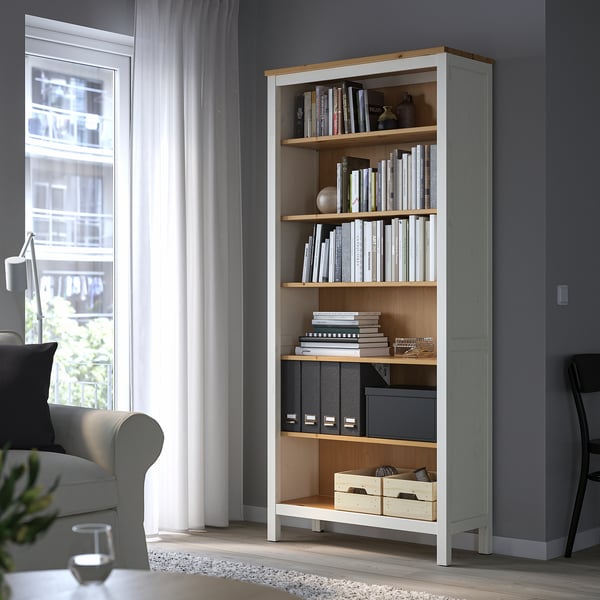 HEMNES bookcase, white stain/light brown, 90x197 cm