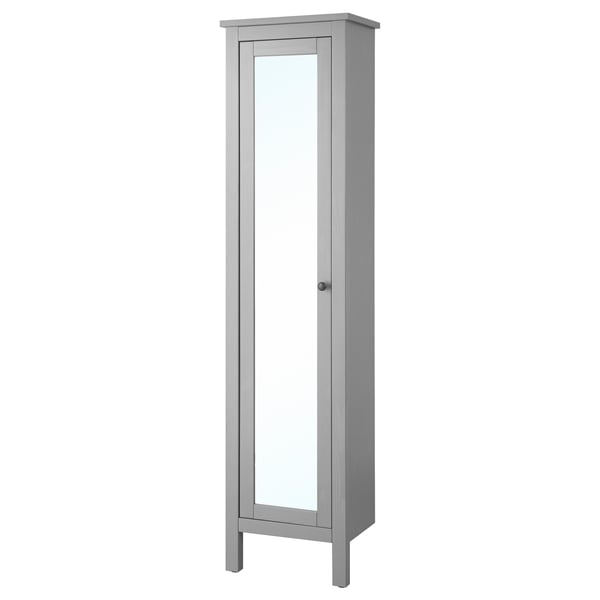 HEMNES high cabinet with mirror door, grey, 49x31x200 cm