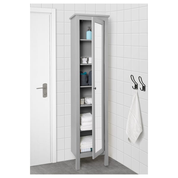 HEMNES high cabinet with mirror door, grey, 49x31x200 cm