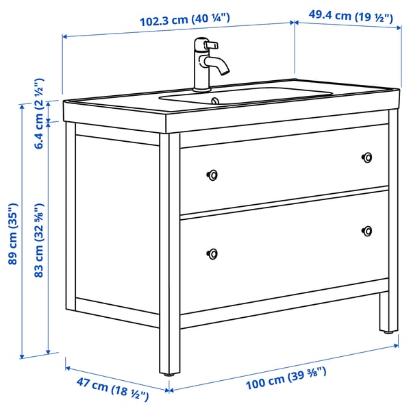 HEMNES / ORRSJÖN wash-stnd w drawers/wash-basin/tap, grey, 102x49x89 cm