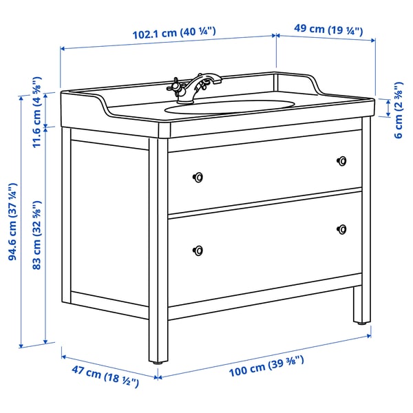 HEMNES / RUTSJÖN wash-stnd w drawers/wash-basin/tap, white, 102x49x95 cm