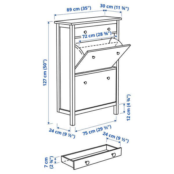 HEMNES shoe cabinet with 2 compartments, white, 89x30x127 cm