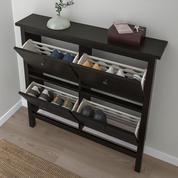 HEMNES shoe cabinet with 4 compartments, black-brown, 107x22x101 cm