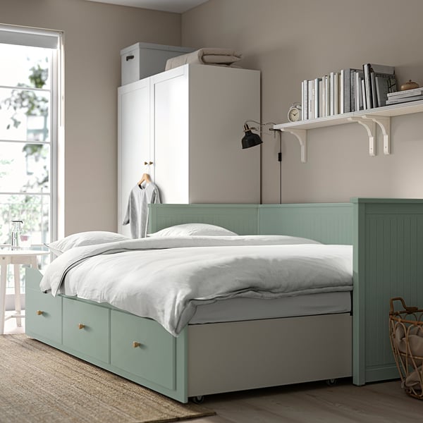 HEMNES day-bed frame with 3 drawers, grey-green, 80x200 cm