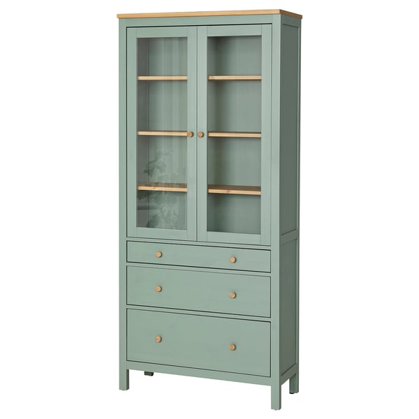 HEMNES glass-door cabinet with 3 drawers, grey-green/light brown stained, 90x197 cm