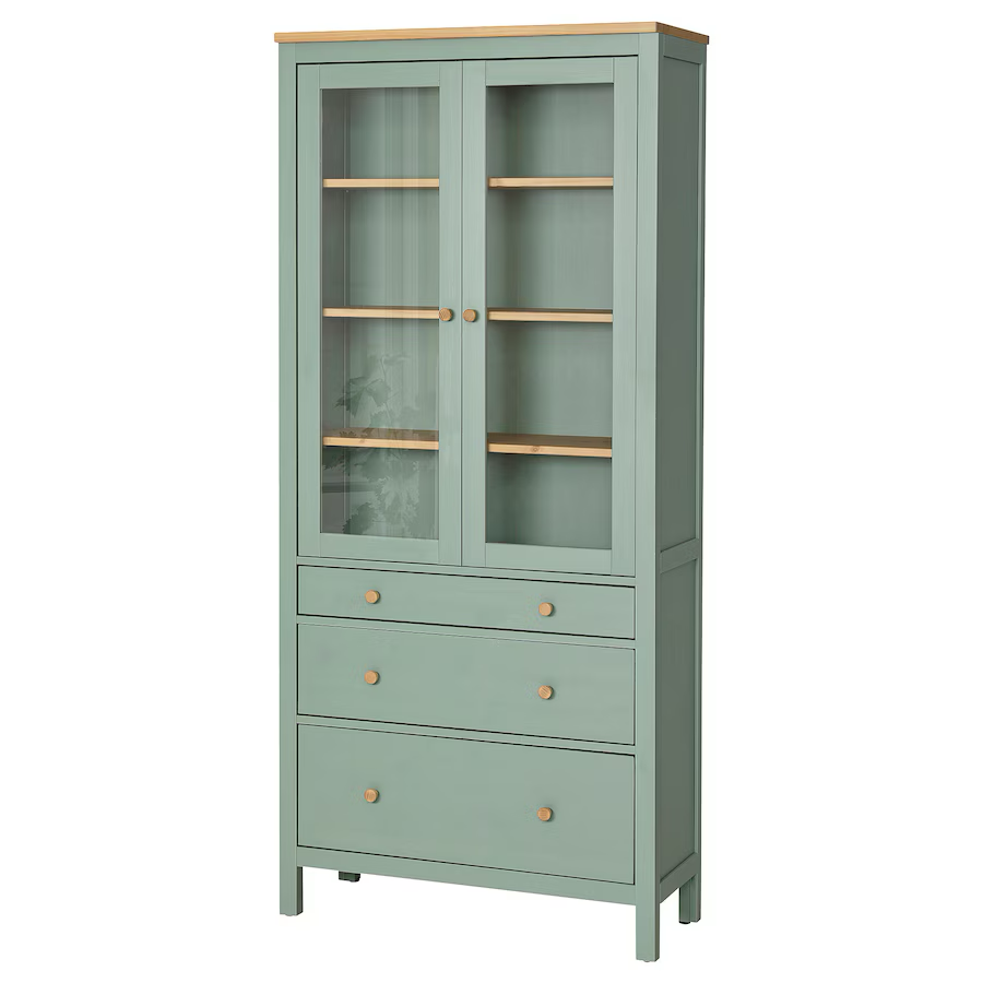 HEMNES glass-door cabinet with 3 drawers, grey-green/light brown stained, 90x197 cm