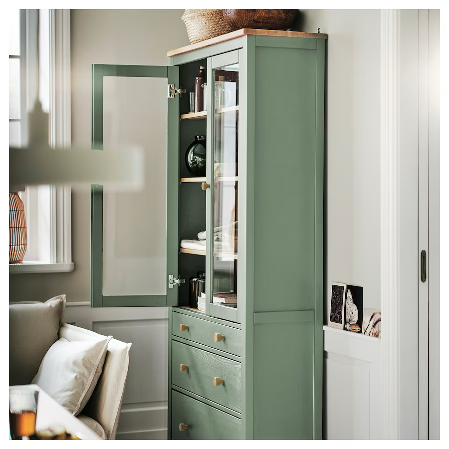 HEMNES glass-door cabinet with 3 drawers, grey-green/light brown stained, 90x197 cm