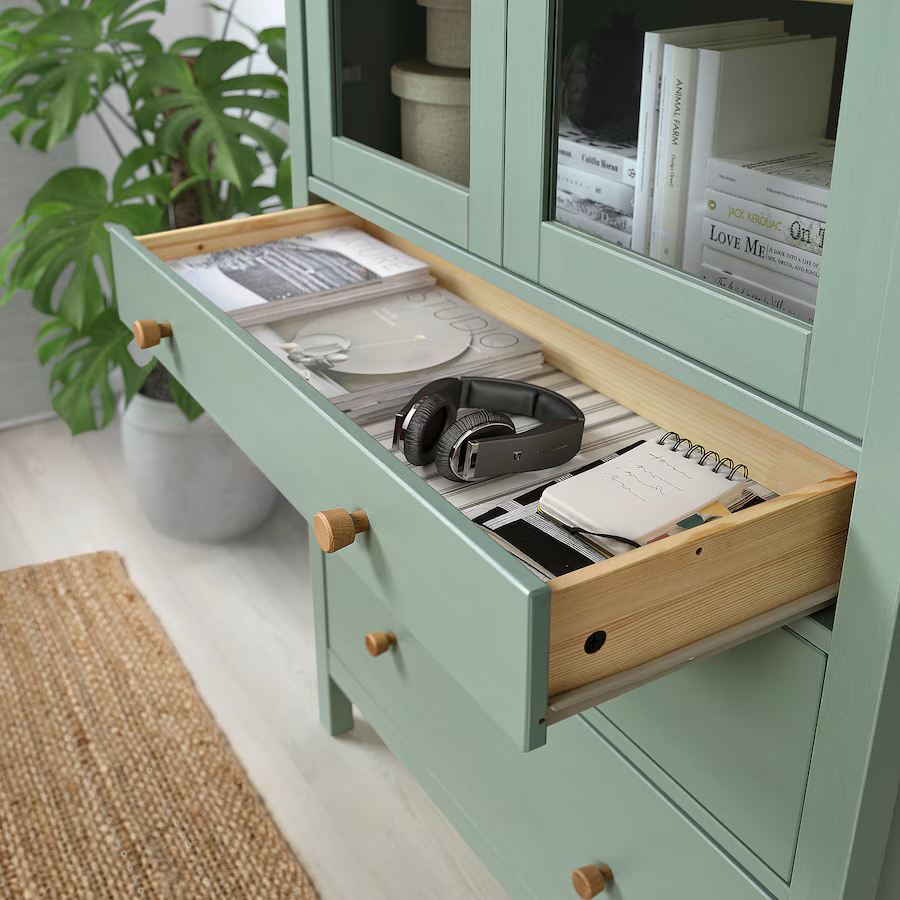 HEMNES glass-door cabinet with 3 drawers, grey-green/light brown stained, 90x197 cm