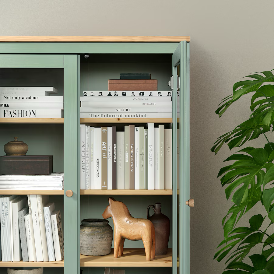 HEMNES glass-door cabinet with 3 drawers, grey-green/light brown stained, 90x197 cm