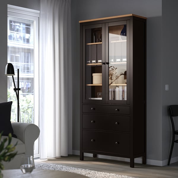 HEMNES glass-door cabinet with 3 drawers, black-brown/light brown, 90x197 cm