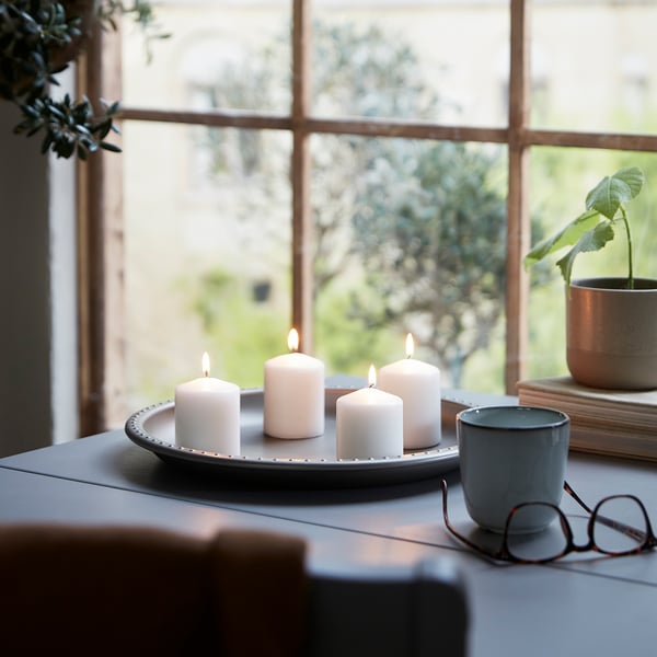 HEMSJÖ unscented block candle, natural, 5.7 cm, 4 pack