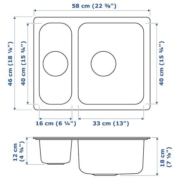Ikea HILLESJÖN - Built-in 1 1/2 bowl sink, stainless steel, 58x46 cm