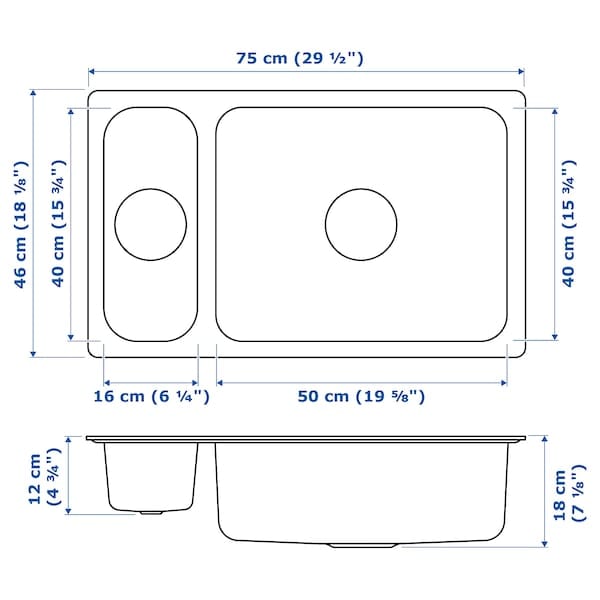 Ikea HILLESJÖN - Built-in 1 1/2 bowl sink, stainless steel, 75x46 cm