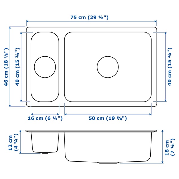 HILLESJÖN inset sink 1 1/2 bowl, stainless steel, 75x46 cm